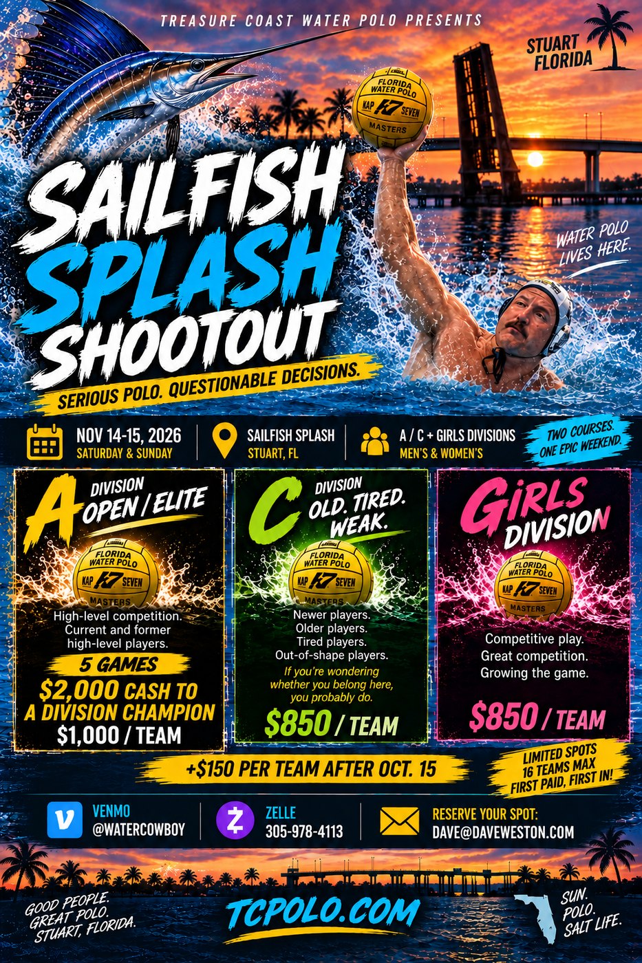 Sailfish Splash Shootout water polo tournament flyer — November 14-15, 2026, Stuart, Florida