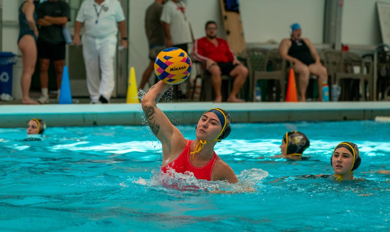 Women's water polo shot on goal, Mikasa ball